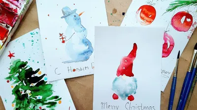 Watercolor cards for New Year | We draw very quickly and easily! Snowman,  gnome, tree and balls🎨 - YouTube