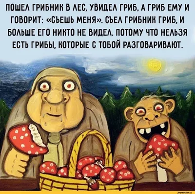 ПОШЕЛ ГРИБНИК В ЛЕС, УВИДЕЛ ГРИБ, А ГРИБ ЕМУ И ГОВОРИТ: «СЪЕШЬ МЕНЯ». СЪЕЛ  ГРИБНИЦ ГРИБ, И БОЛЬШЕ Е / Вася Ложкин :: грибы :: картинка с текстом ::  artist / смешные