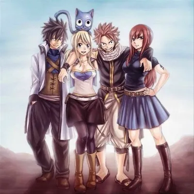 Фото Natsu Dragneel / Нацу Драгнил и Lucy Heartfilia / Люси Хартфилия  отдыхают на лавочке после похода по магазинам перед Новым Годом. Озорной  кот Happy / Хэппи в красном костюме держит над