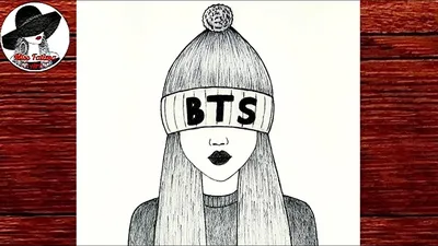 Как Нарисовать Девушку В Шапке BTS Очень Легко | Девушка В Шапке BTS |  Рисунки Карандашом - YouTube