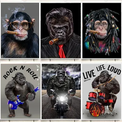 Панк Smokes Gorilla Monkey Chimp фотография живопись смешное животное  Современная Настенная картина украшение для дома гостиной | AliExpress