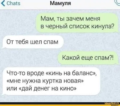 Chats Мамуля Мам, ты зачем меня в черный список кинула? От тебя шел спам  Какой еще спам?! / вотермарк :: картинка с текстом / смешные картинки и  другие приколы: комиксы, гиф